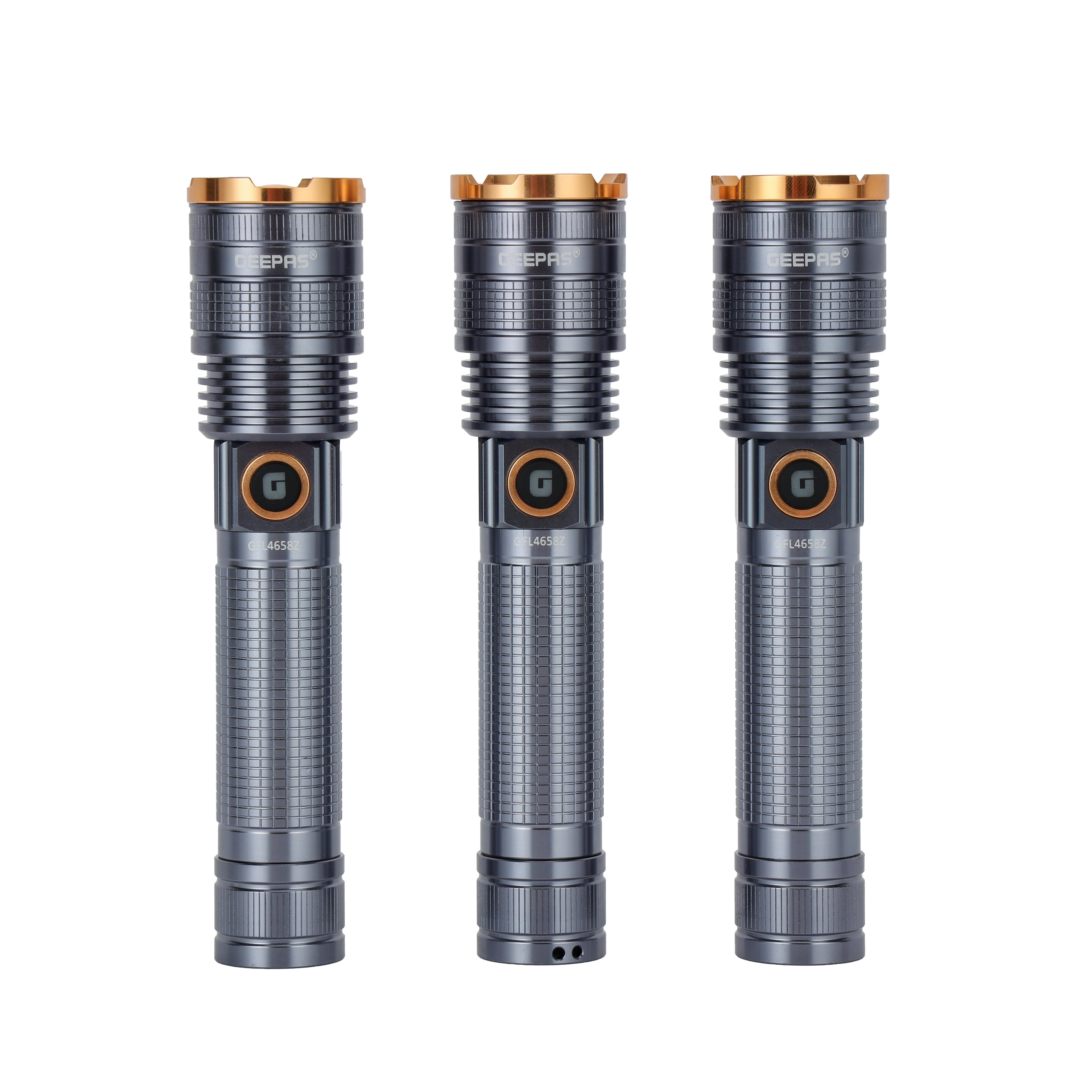 Geepas GFL4658 Zoomable LED Flashlight | 1500 Lumens Brightness| 4000mAh Rechargeable Battery Torch| 6 Hours Working | USB Type-C Fast Charging | Strong Aluminium Body