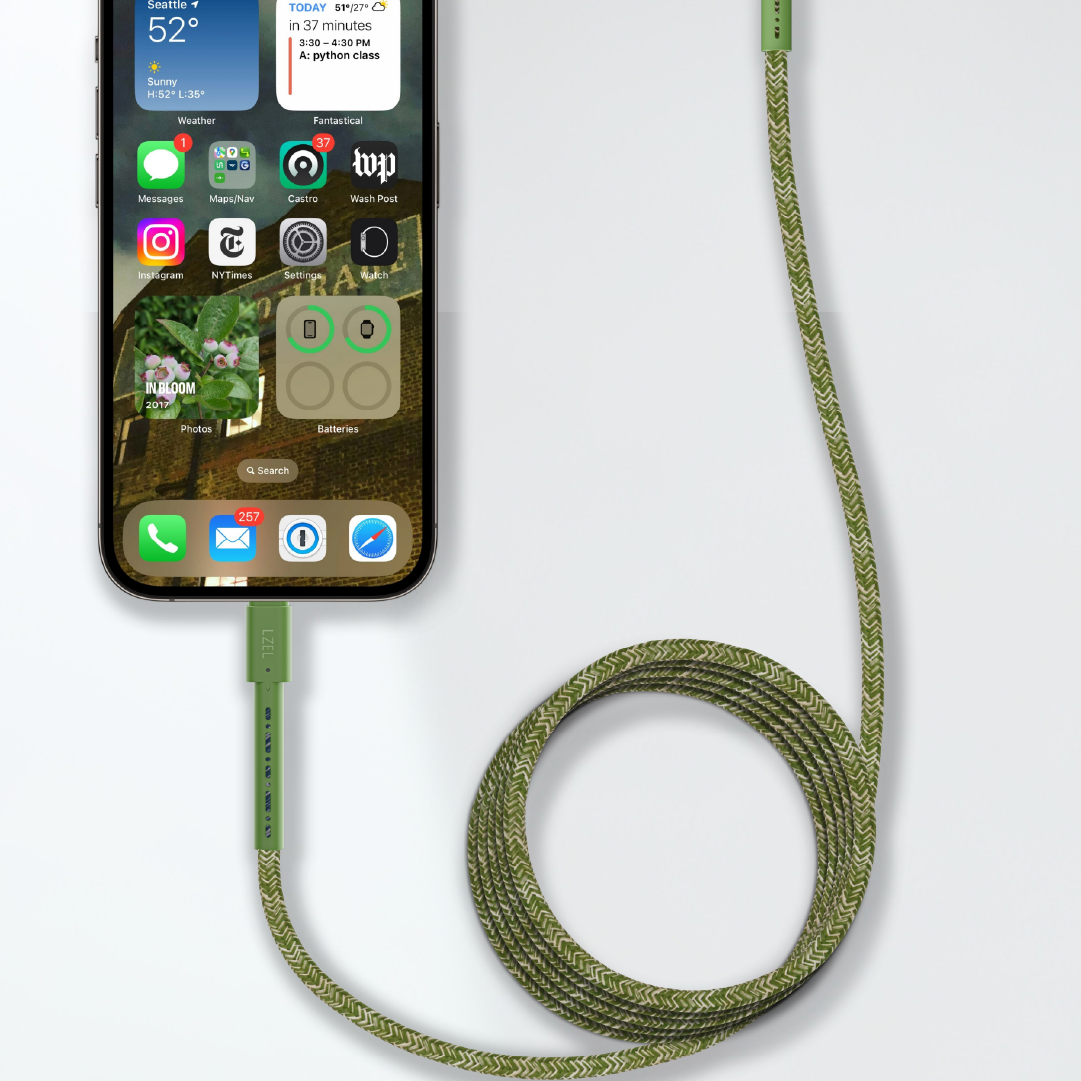 LZEL Celeris Charge AXL Braided USB-A to Lightning Cable, 480Mbps, 15W Max, 2m | Green