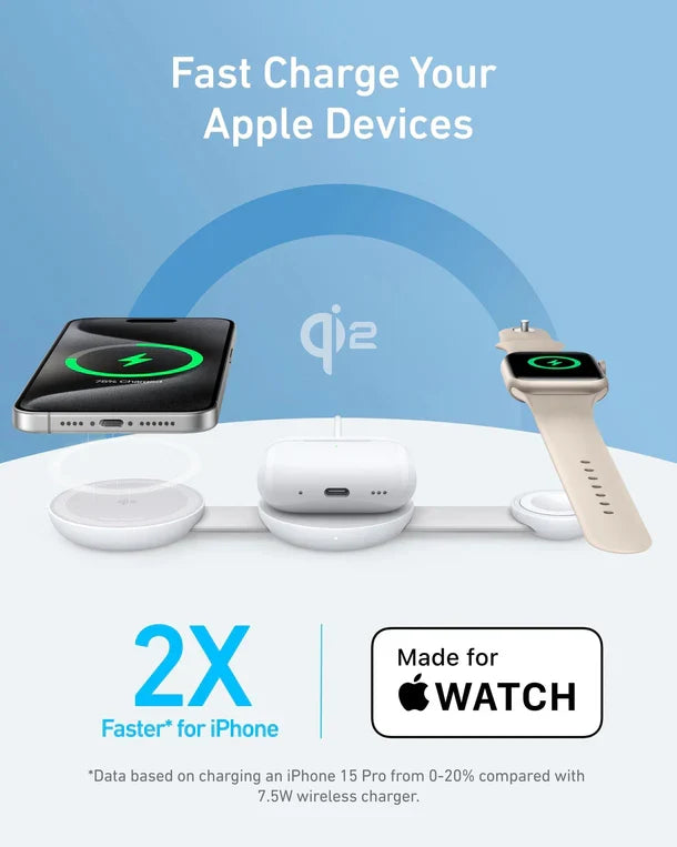 Anker MagGo Wireless Charging Station (3-in-1, Foldable Pad) with Adapter and Cable | White