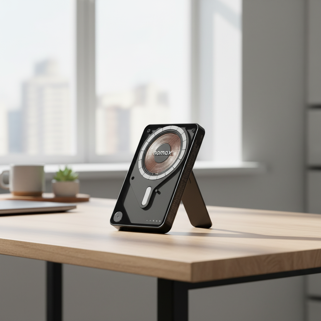 Momax Power X Pro Magnetic Wireless Power Bank â€“ 5000 mAh, Includes Kickstand & Built-in USB-C Cable | Black