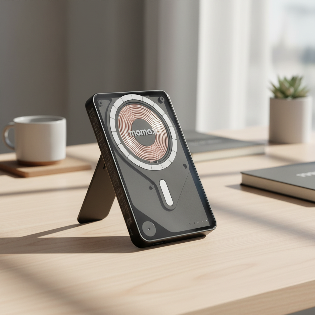 Momax Power X Pro Magnetic Wireless Power Bank â€“ 5000 mAh, Includes Kickstand & Built-in USB-C Cable | Black