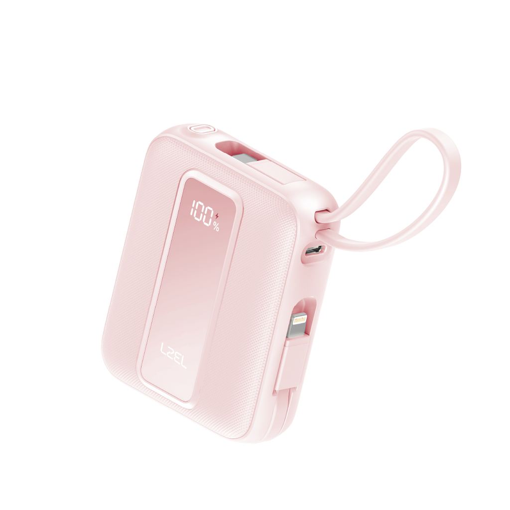 LZEL AMPNEO1O Mini 10000mAh PD Power Bank 30W | Built-in Type-C & Lightning Cable | Type-C Input/Output | Pink