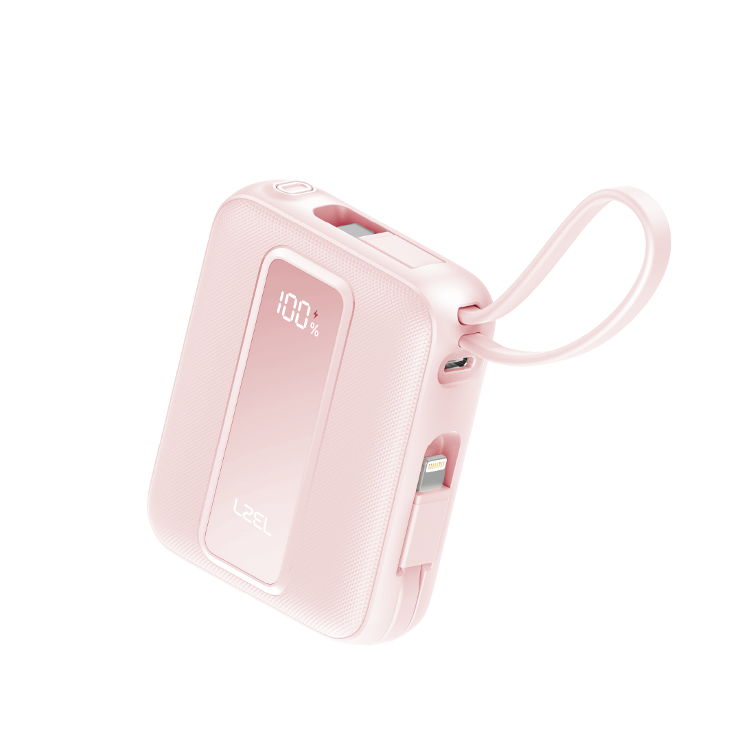 LZEL AMPNEO1O Mini 10000mAh PD Power Bank 30W | Built-in Type-C & Lightning Cable | Type-C Input/Output | Pink