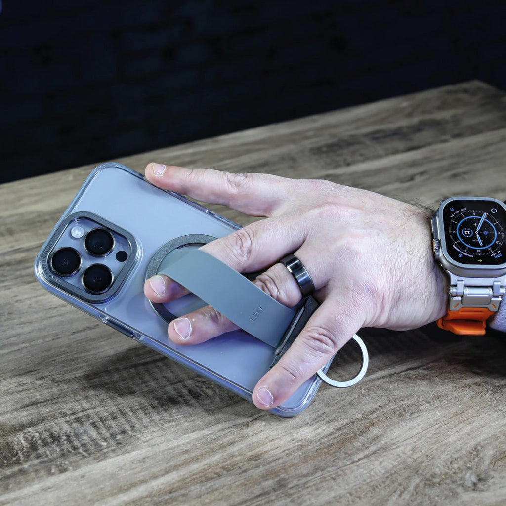 LZEL iPhone 16 Pro Primemag Grip Anti-drop Case With Metal Ring And Silicone Band | Clear/Gray