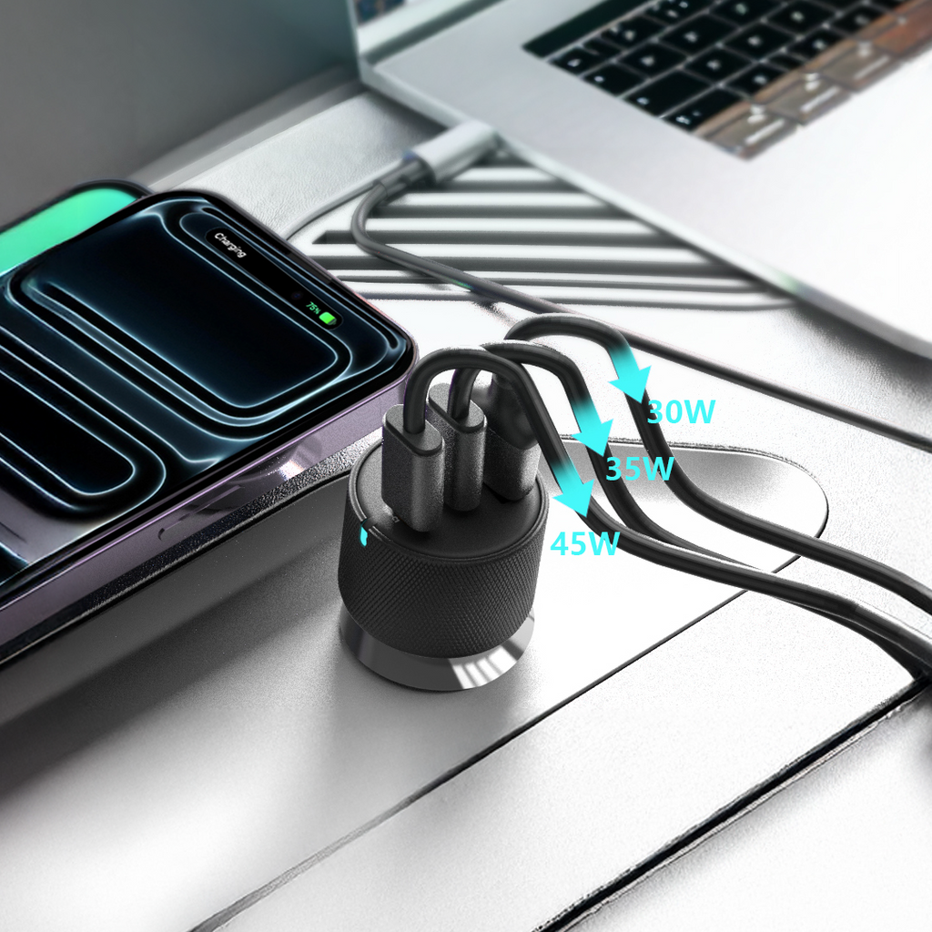 LZEL PulseCharge Max 80W 3-Port Car Charger â€“ Dual USB-C PD & USB-A QC