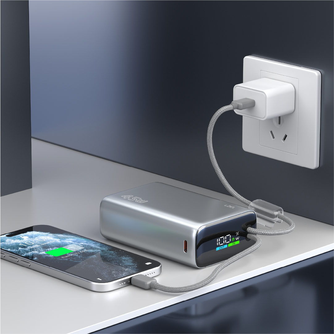 LZEL Neurode 20K Pd45W Mini Power Bank Pd3.0 & Qc3.0 | Usb-C Cable & Lighting Cable | Silver