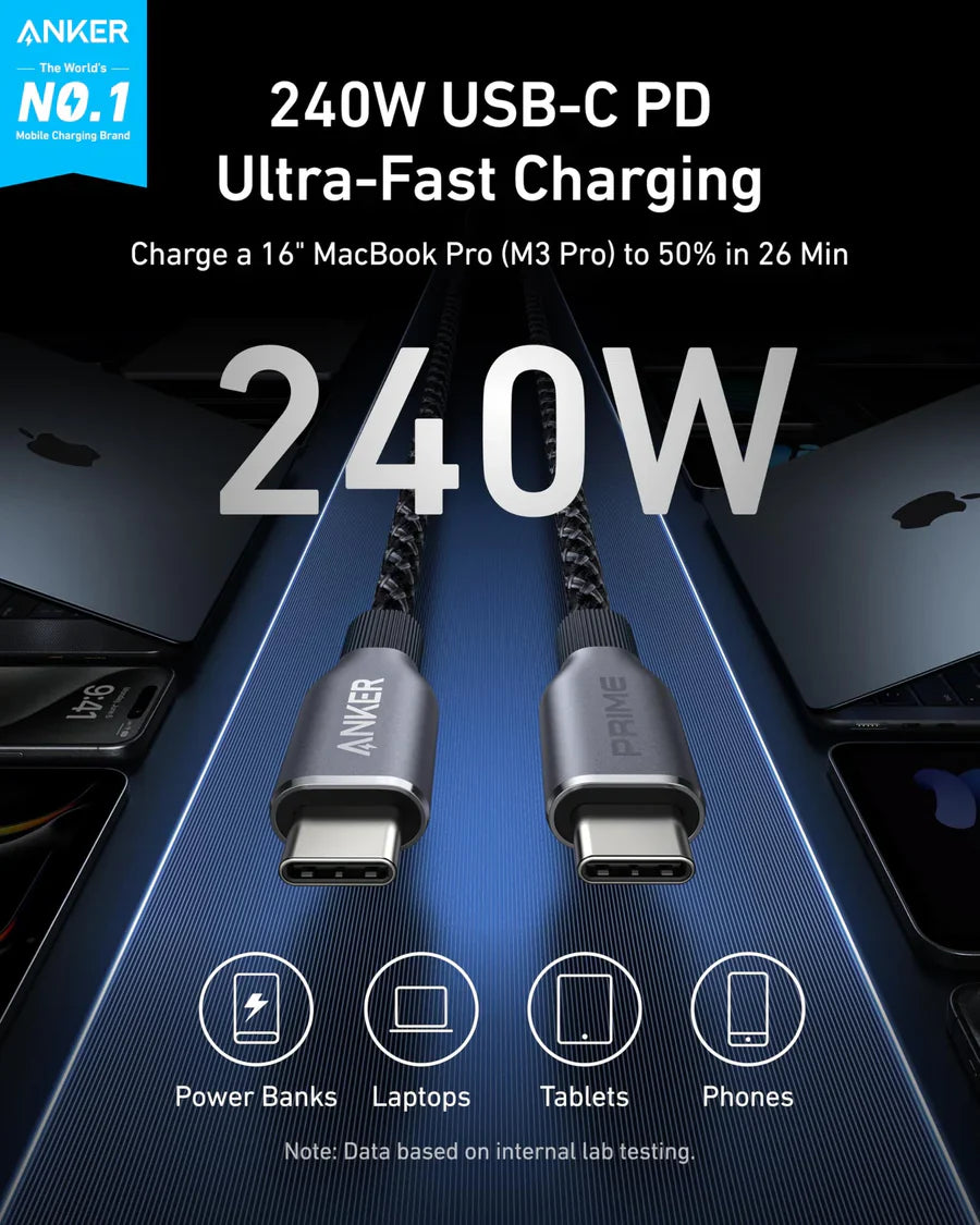 Anker Prime USB-C to USB-C Cable 3ft, 240W, Upcycled-Braided | Black