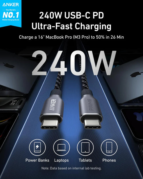 Anker Prime USB-C to USB-C Cable 6ft, 240W, Upcycled-Braided | Black