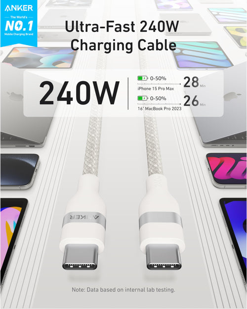 Anker USB-C to USB-C Cable 240W â€“ Upcycled Braided, 0.9m (3ft), Fast Charging | White