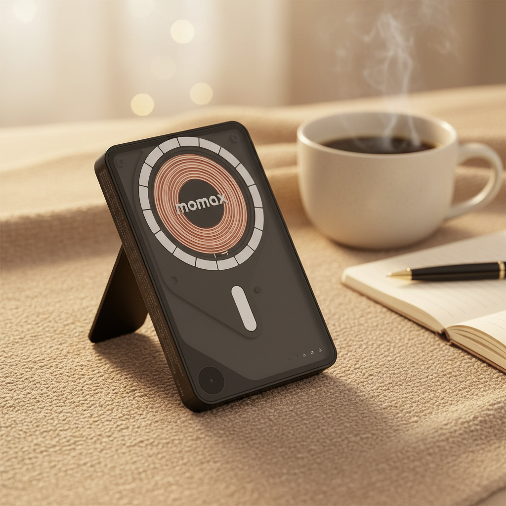 Momax Power X Pro Magnetic Wireless Power Bank â€“ 5000 mAh, Includes Kickstand & Built-in USB-C Cable | Black