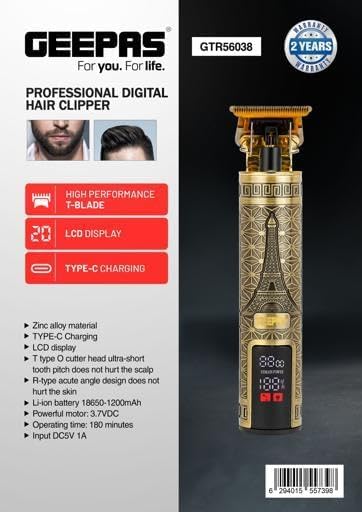 Geepas Digital Hair Clipper Scalp-Safe, LCD, Li-ion, Gold & Black
