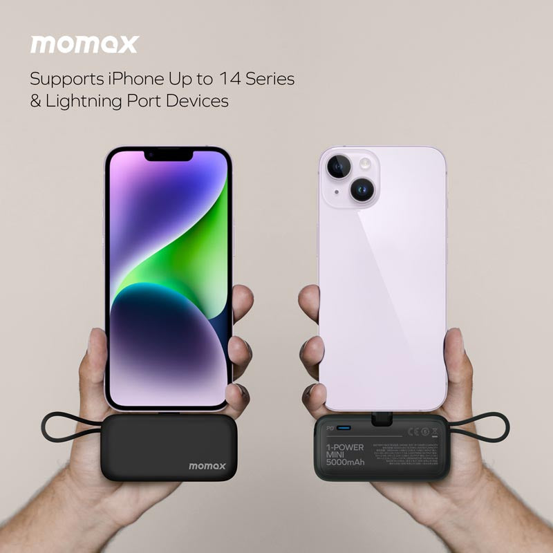 Momax 1-Power Mini 5000mAh Built-in Foldable Lightning and USB-C Power Bank | Black