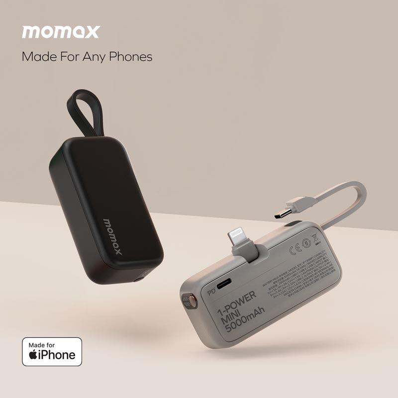 Momax 1-Power Mini 5000mAh Bulit-in foldable USB-C Battery pack | Black