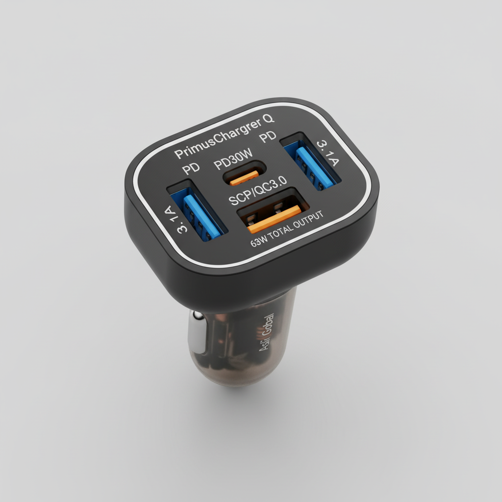 Asli Global PrimusCharger Q 63W 6-Port Transparent Car Charger with 3 PD & QC 3.0  | Transparent