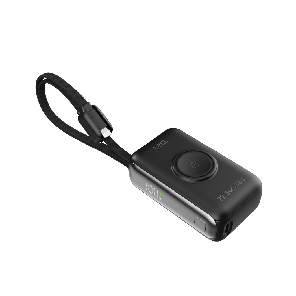 LZEL Ampflow10 Mini 10000Mah Pd Power Bank 22.5W | Built-In Type-C & Lightning Cable | Wireless Charging | Black
