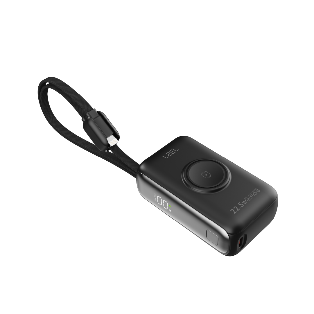 LZEL Ampflow10 Mini 10000Mah Pd Power Bank 22.5W | Built-In Type-C & Lightning Cable | Wireless Charging | Black