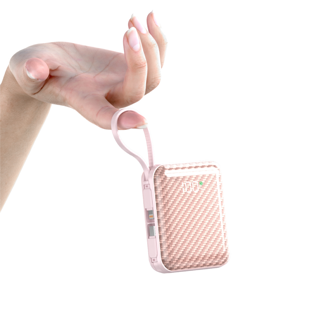 Asli Global Chargeflux Mini Super Fast Charge Powerbank With Built-In Type-C & Lightning Cable | Pink