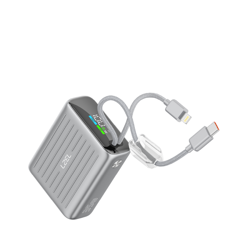 LZEL Neurode 10K Pd 35W Mini Power Bank Pd3.0 & Qc3.0 | Usb-C Cable & Lightning Cable | Silver