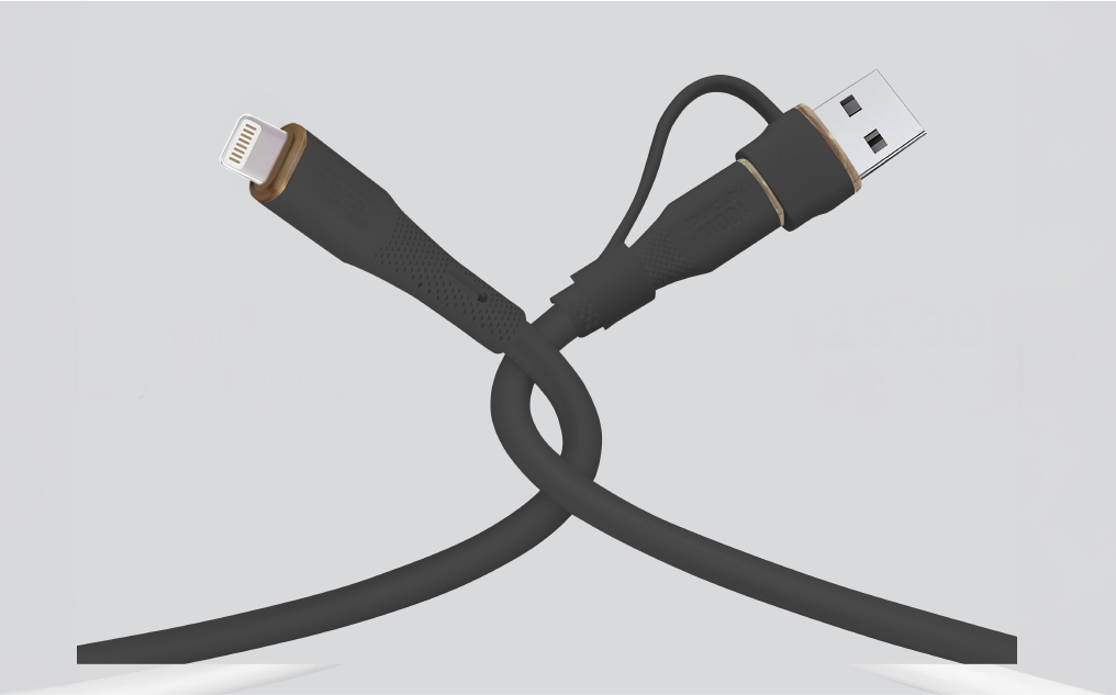 LZEL Celeris PowerDuo – 2-in-1 USB-C to Lightning 27W Silicone Cable (3m) Built-in USB-A Connector | Black