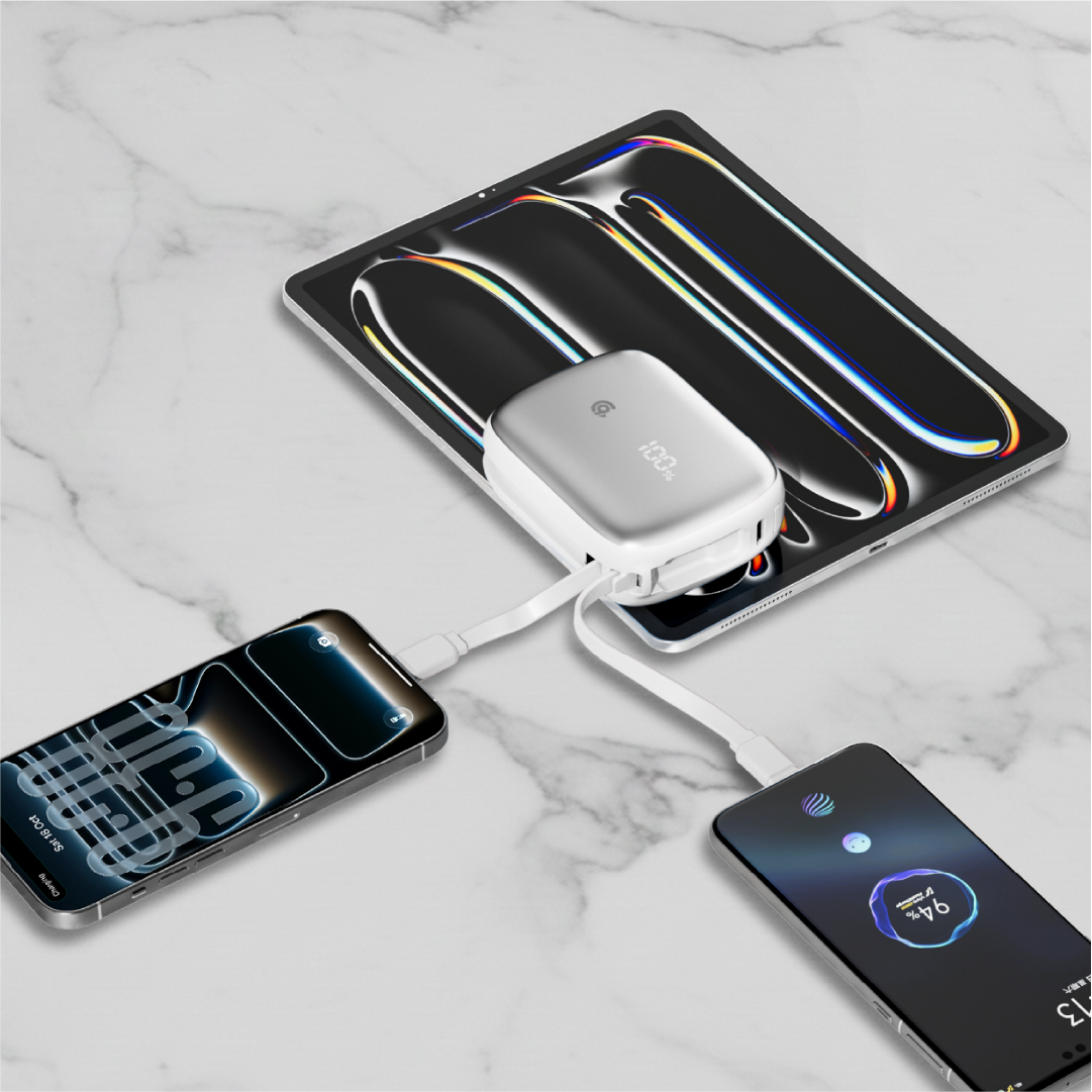 90 Percent Primflux Mini 22.5W Dual Built-In Cables Power Bank Powerdelivery Qc 3.0 | Usb-C & Lightning | Silver