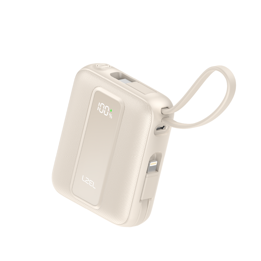 LZEL AMPNEO1O Mini 10000mAh PD Power Bank 30W | Built-in Type-C & Lightning Cable | Type-C Input/Output | Beige
