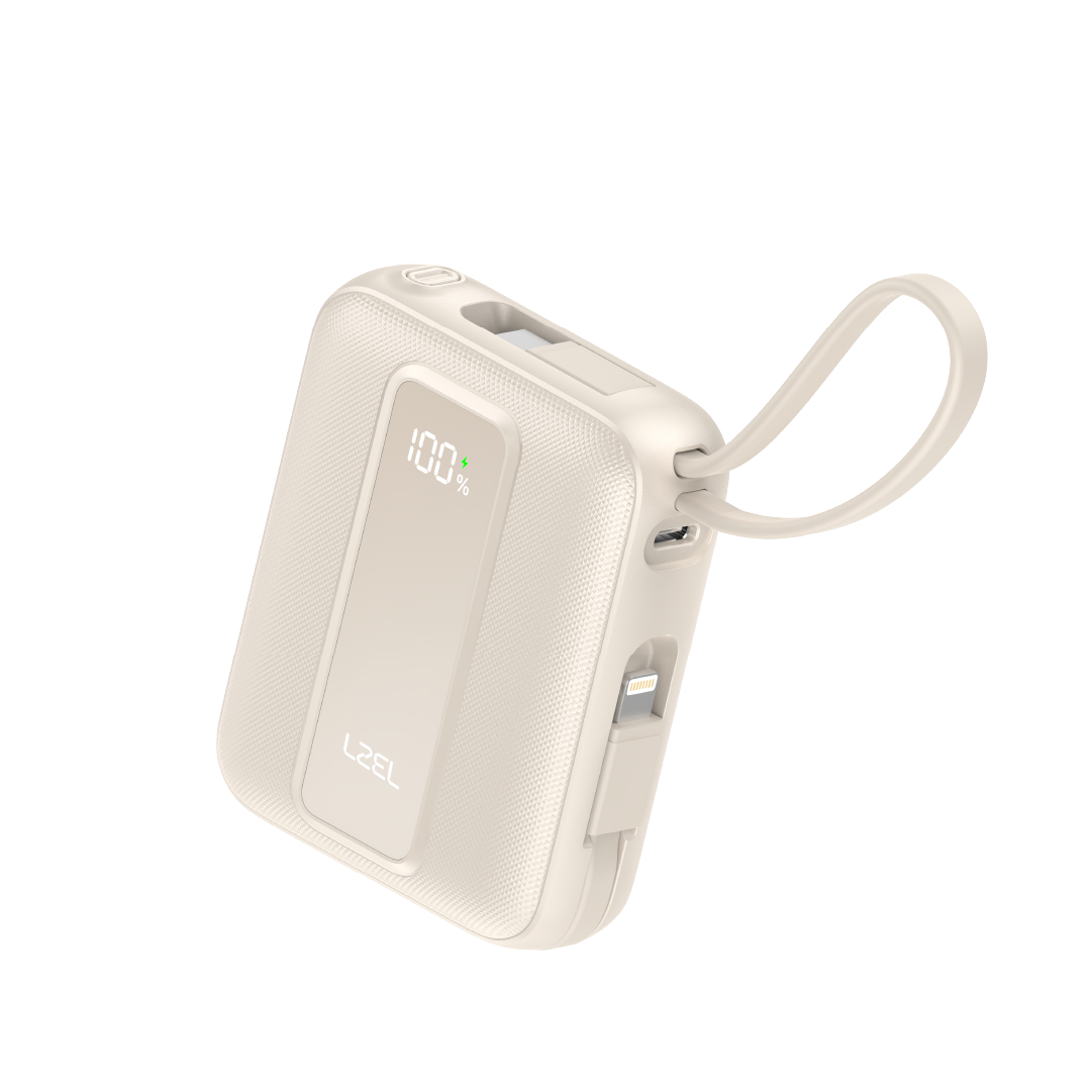 LZEL AMPNEO1O Mini 10000mAh PD Power Bank 30W | Built-in Type-C & Lightning Cable | Type-C Input/Output | Beige