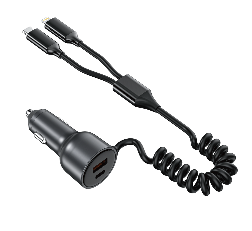 Asli Global PrimusCharger Max 65W Dual Port PD & QC Car Charger with Built-in Cables Type-C And Lightning | Black