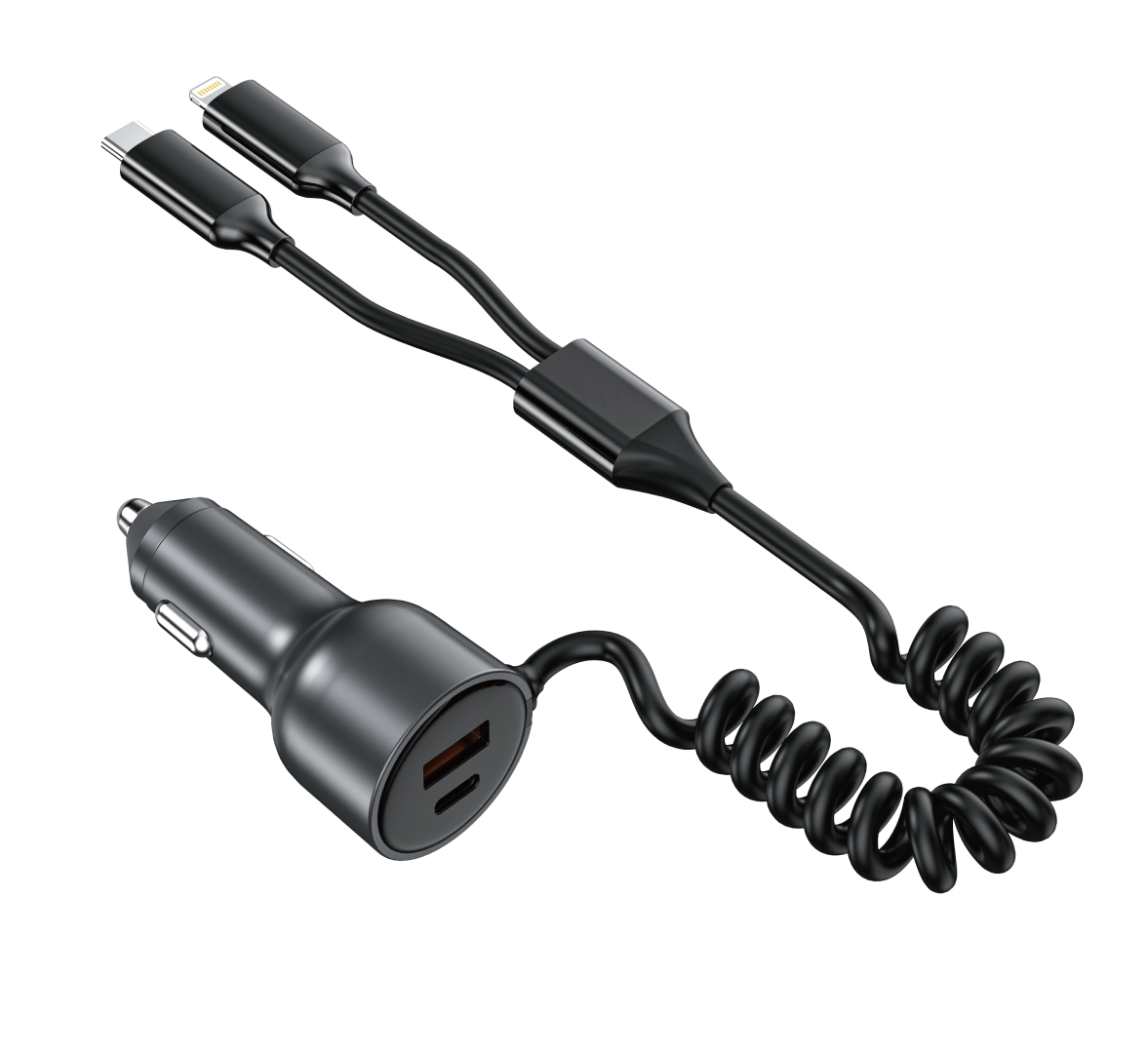 Asli Global PrimusCharger Max 65W Dual Port PD & QC Car Charger with Built-in Cables Type-C And Lightning | Black