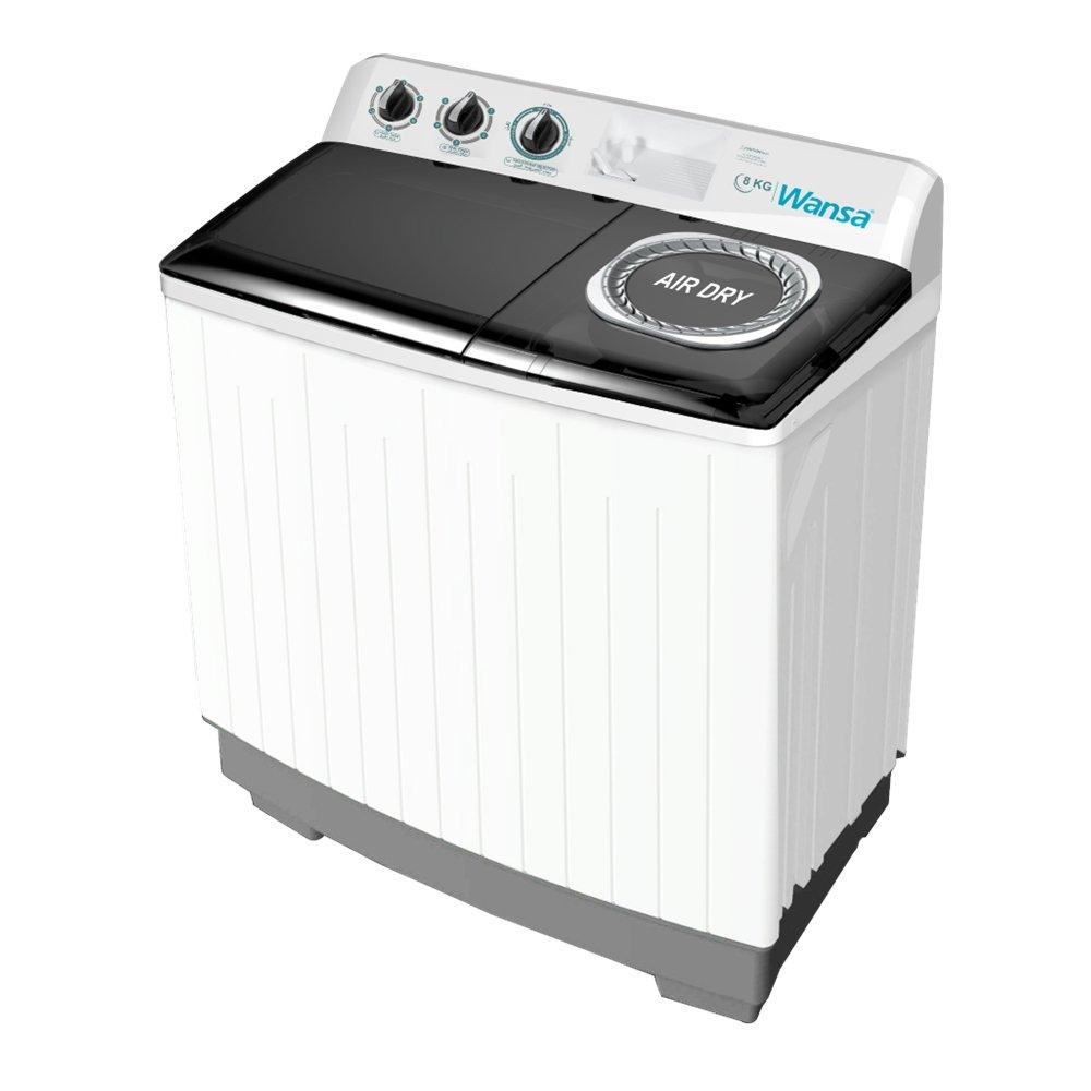 Wansa 8kg Twin Tub Washer, 5KG Spin Capacity - White with Gray Lid