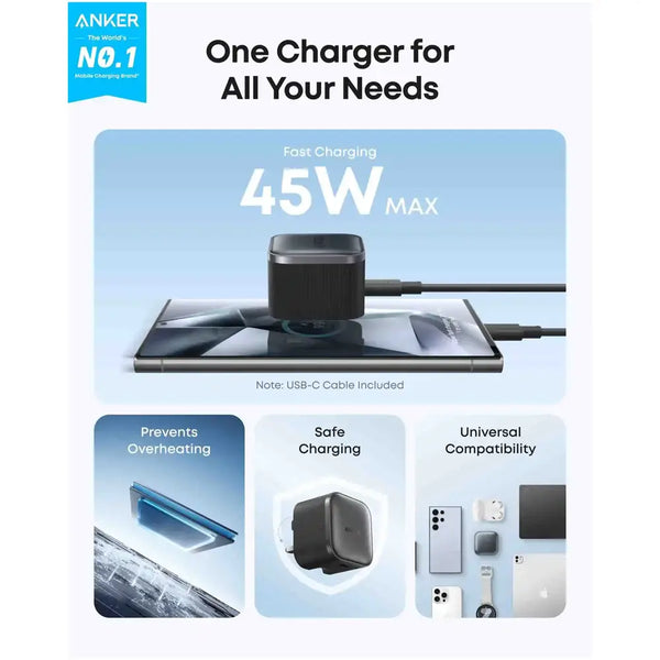 Anker Nano 45W Fast Charger, GaN Compact USB-C Wall Charger | Black