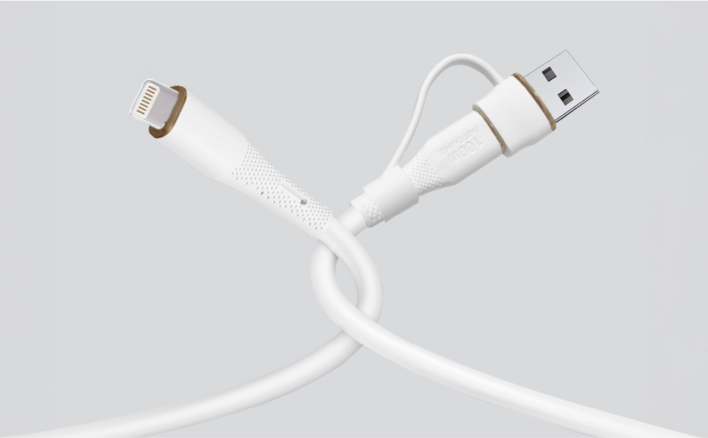 LZEL Celeris PowerDuo – 2-in-1 USB-C to Lightning 27W Silicone Cable (2m) Built-in USB-A Connector | White