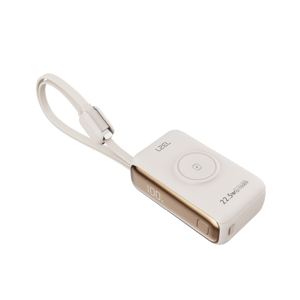 LZEL Ampflow10 Mini 10000Mah Pd Power Bank 22.5W | Built-In Type-C & Lightning Cable | Wireless Charging | Beige
