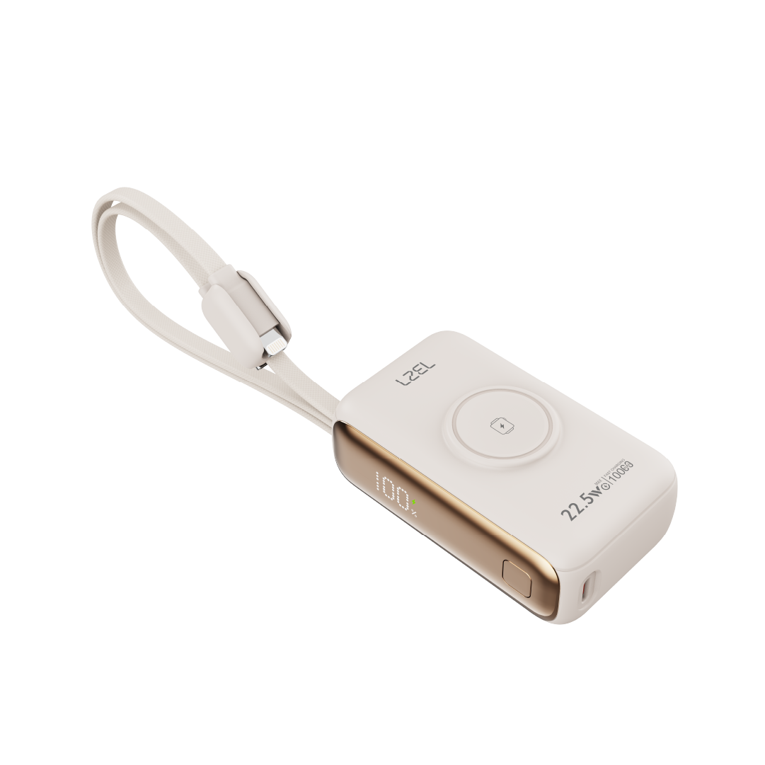 LZEL Ampflow10 Mini 10000Mah Pd Power Bank 22.5W | Built-In Type-C & Lightning Cable | Wireless Charging | Beige