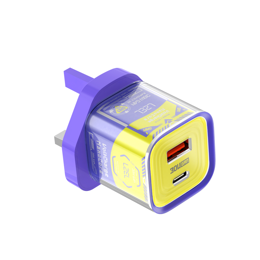 LZEL VoltCharge NanoCore – 30W GaN Transparent Wall Charger | Purple/Yellow