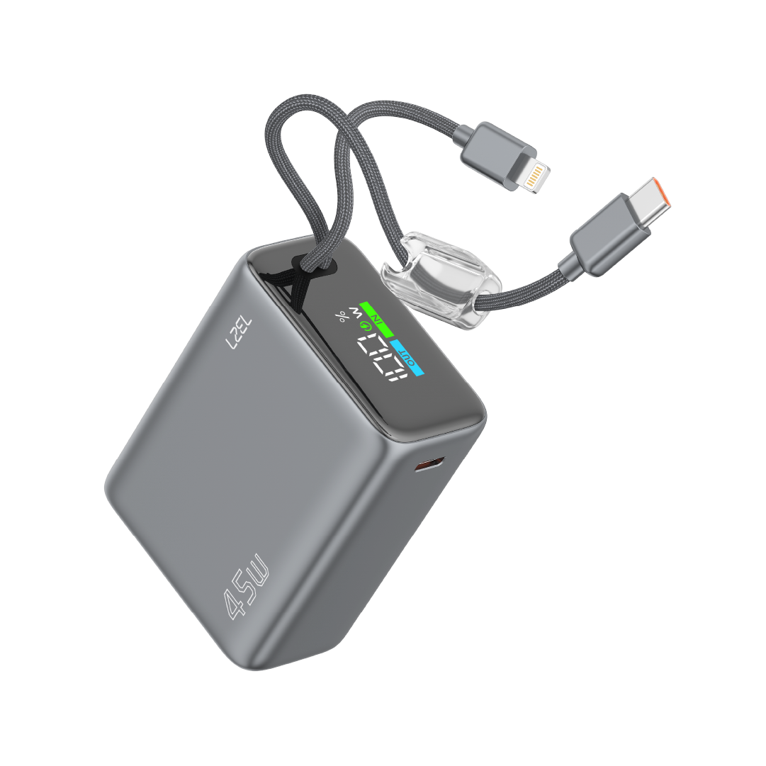 LZEL Neurovolt 15K Pd45W Mini Power Bank Pd3.0 & Qc3.0 | Usb-C Cable & Lightning Cable | Gray
