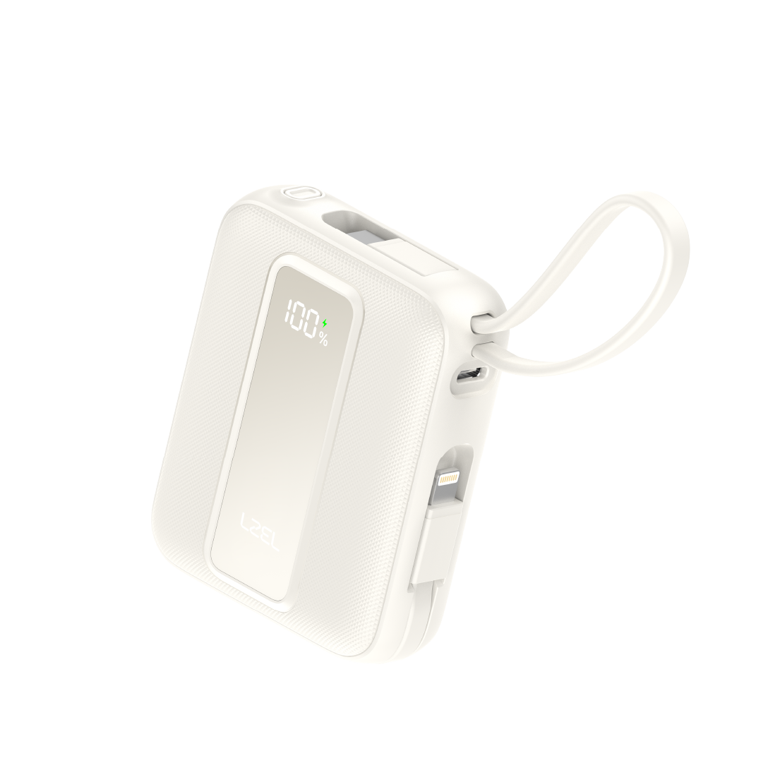 LZEL AMPNEO1O Mini 10000mAh PD Power Bank 30W | Built-in Type-C & Lightning Cable | Type-C Input/Output | White