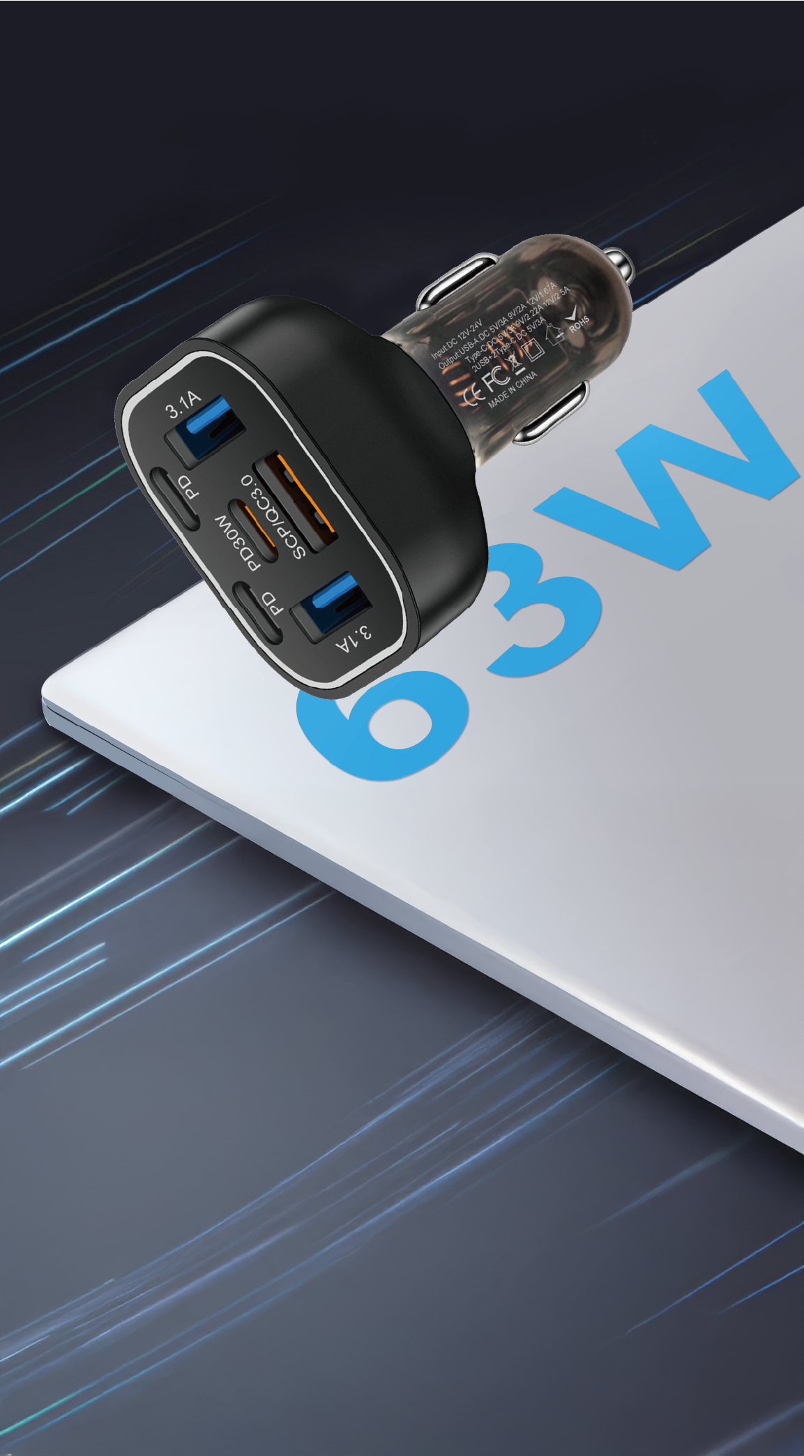 Asli Global PrimusCharger Q 63W 6-Port Transparent Car Charger with 3 PD & QC 3.0  | Transparent