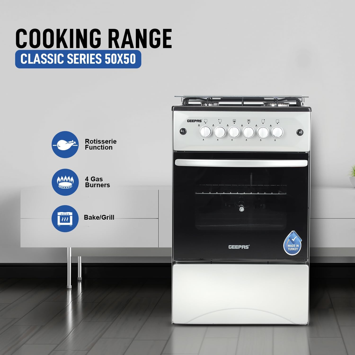 Geepas Standing Cooking Range-Stainless Steel-Classic Series 50x50-4-Burners- Auto Ignition System-Enamel Pan Support