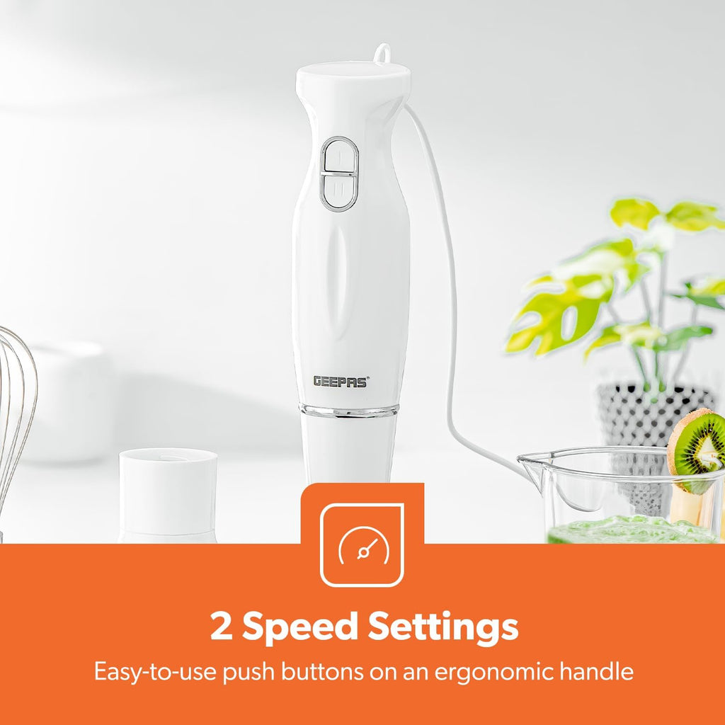 Geepas GHB6144 200W Hand Blender Set â?? 2-Speed Detachable Stick Blender & Whisk, Stainless Steel Blades | Ideal for Smoothies, Shakes, Purees & More