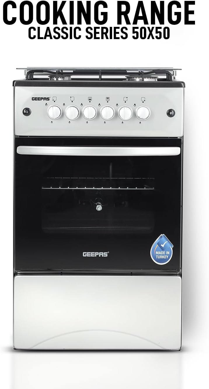Geepas Standing Cooking Range-Stainless Steel-Classic Series 50x50-4-Burners- Auto Ignition System-Enamel Pan Support