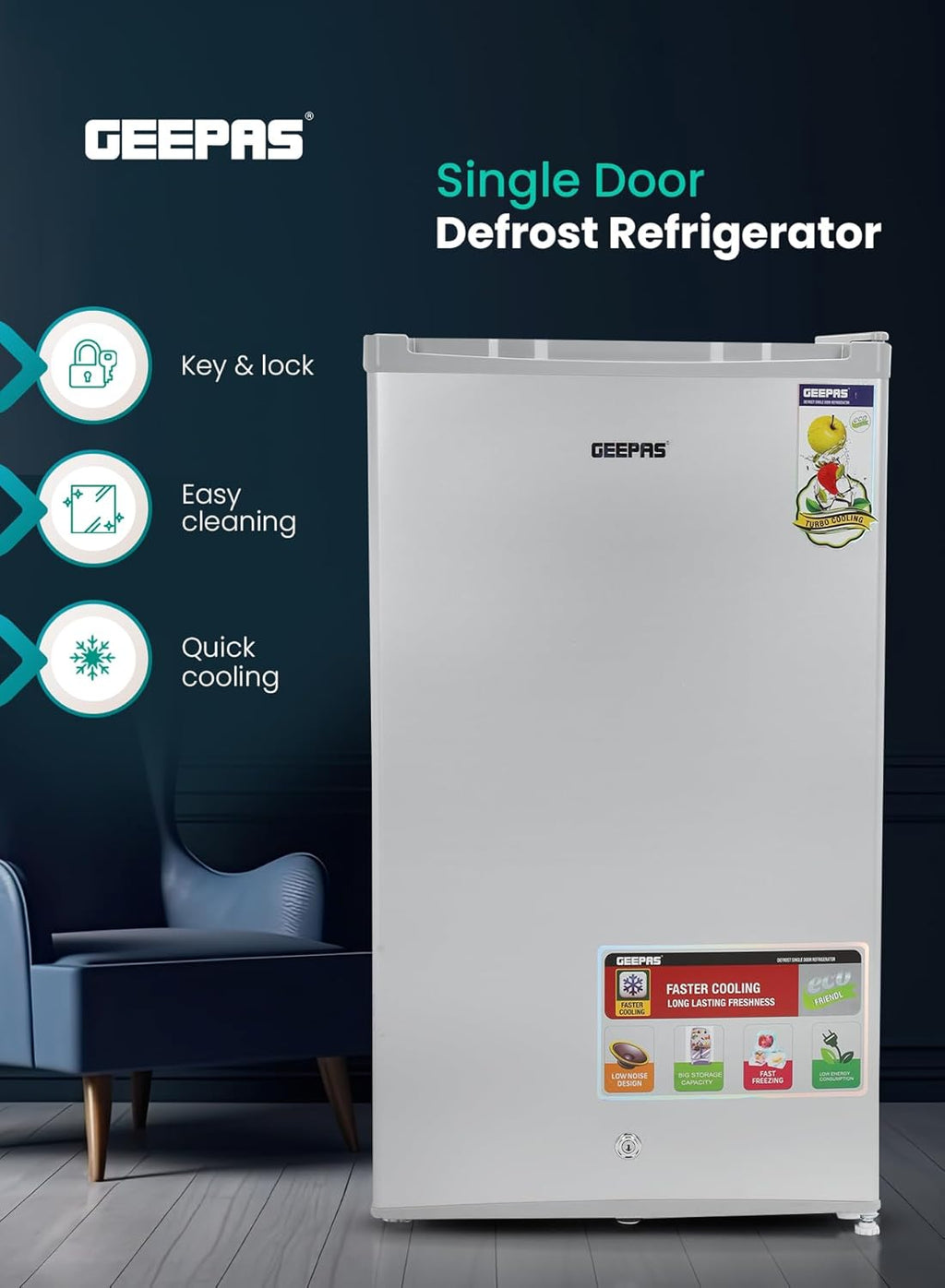Geepas 110L Single Door Refrigerator - Free Standing Durable Double Door Refrigerator, Quick Cooling & Long-lasting Freshness, Low Noise, Defrost Refrigerator