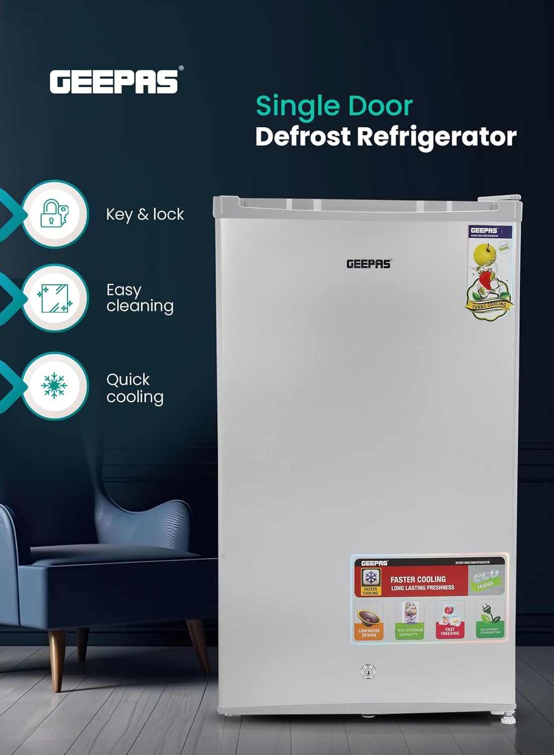 Geepas 110L Single Door Refrigerator - Free Standing Durable Double Door Refrigerator, Quick Cooling & Long-lasting Freshness, Low Noise, Defrost Refrigerator