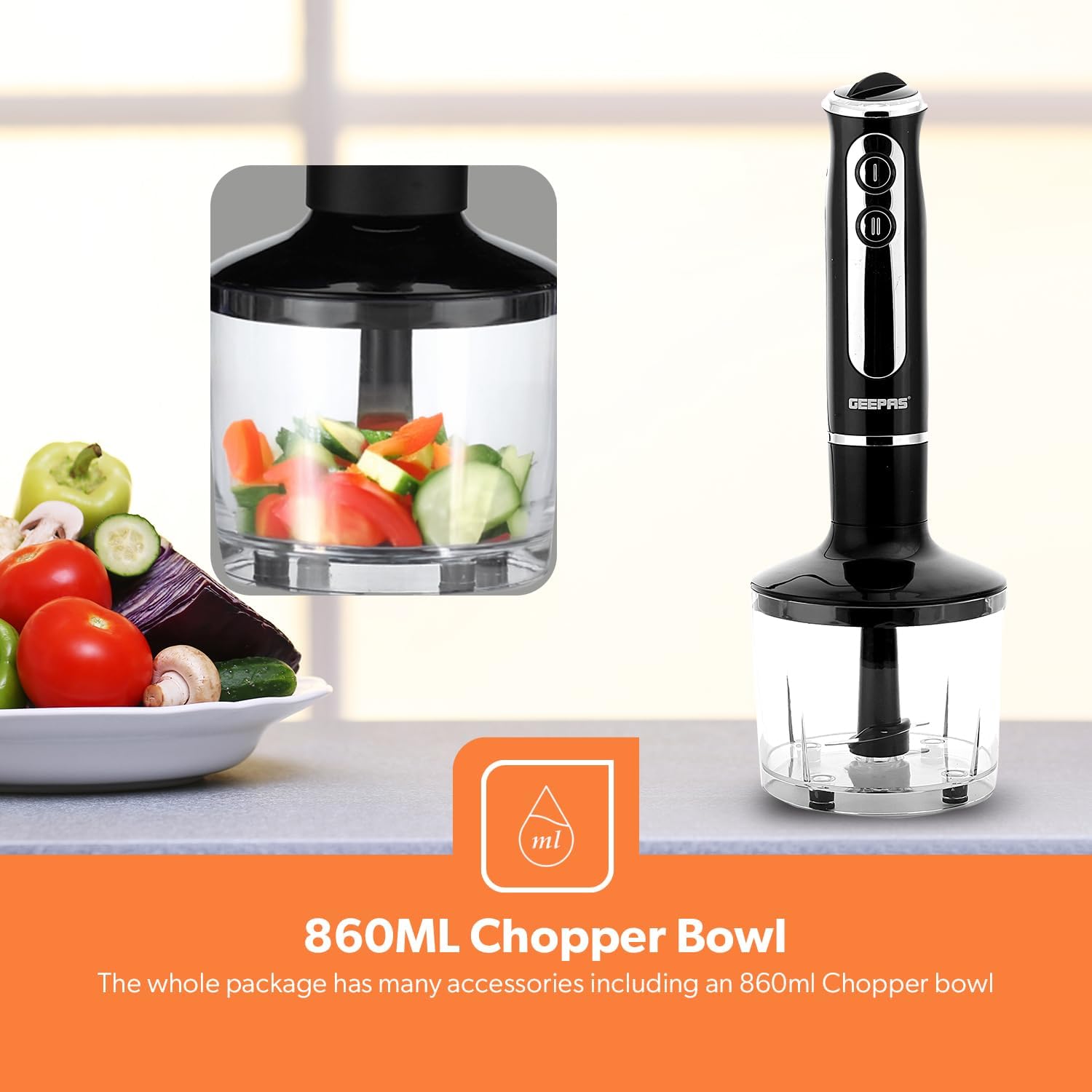 Geepas 5-in-1 Handheld Blender 600W â€“ Black/Transparent