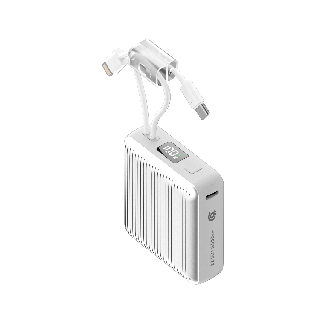90 Percent Primcore Neo 22.5W Dual Built-In Cables Power Bank Powerdelivery | Qc 3.0 | Usb-C & Lightning | Silver