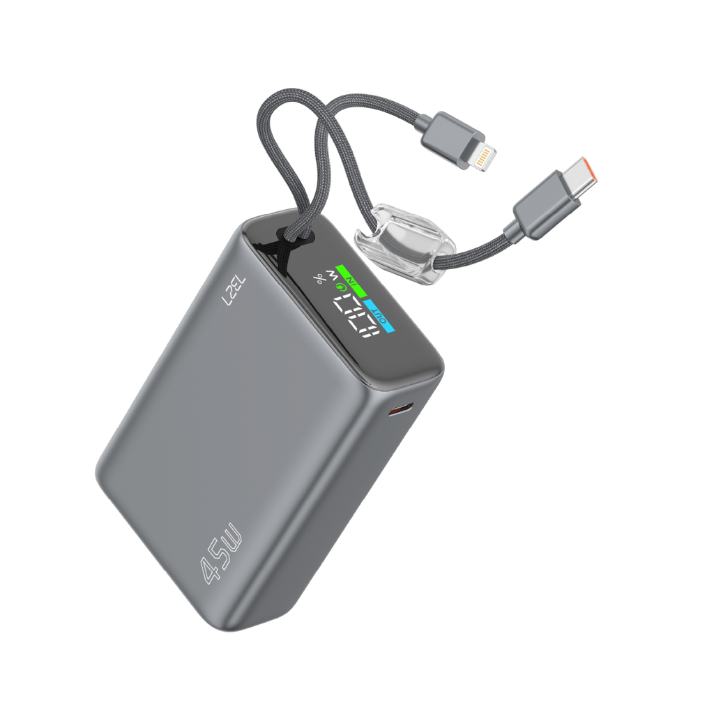 LZEL Neurode 20K Pd45W Mini Power Bank Pd3.0 & Qc3.0 | Usb-C Cable & Lighting Cable | Gray