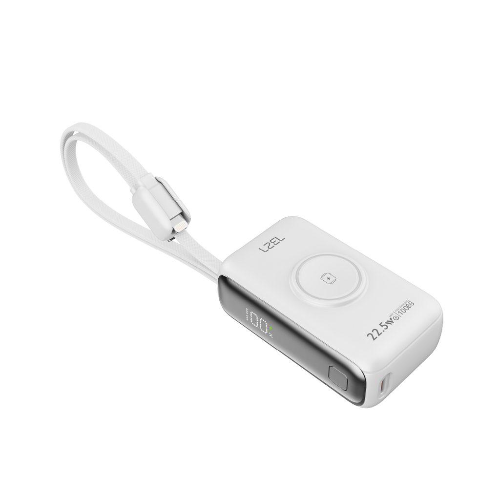 LZEL Ampflow10 Mini 10000Mah Pd Power Bank 22.5W | Built-In Type-C & Lightning Cable | Wireless Charging | White
