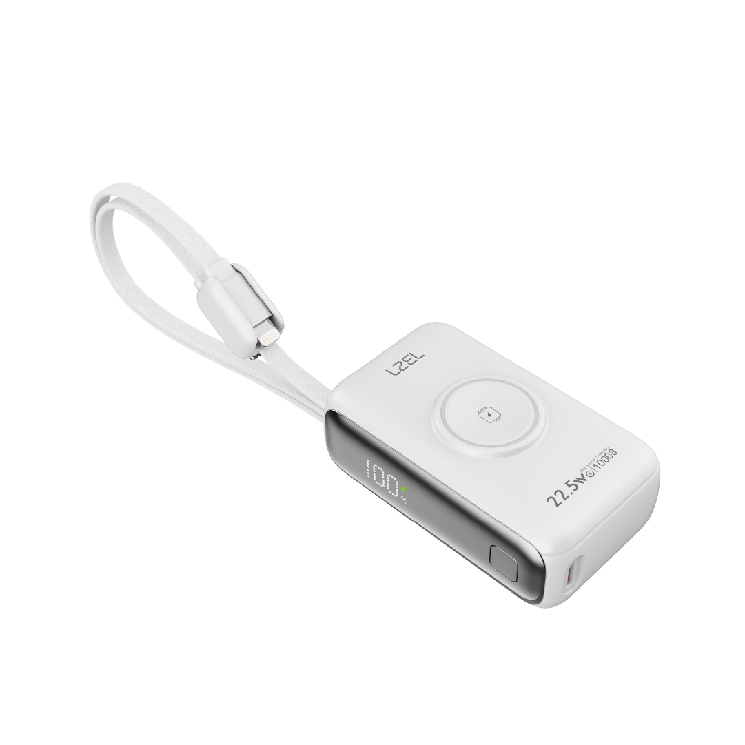 LZEL Ampflow10 Mini 10000Mah Pd Power Bank 22.5W | Built-In Type-C & Lightning Cable | Wireless Charging | White