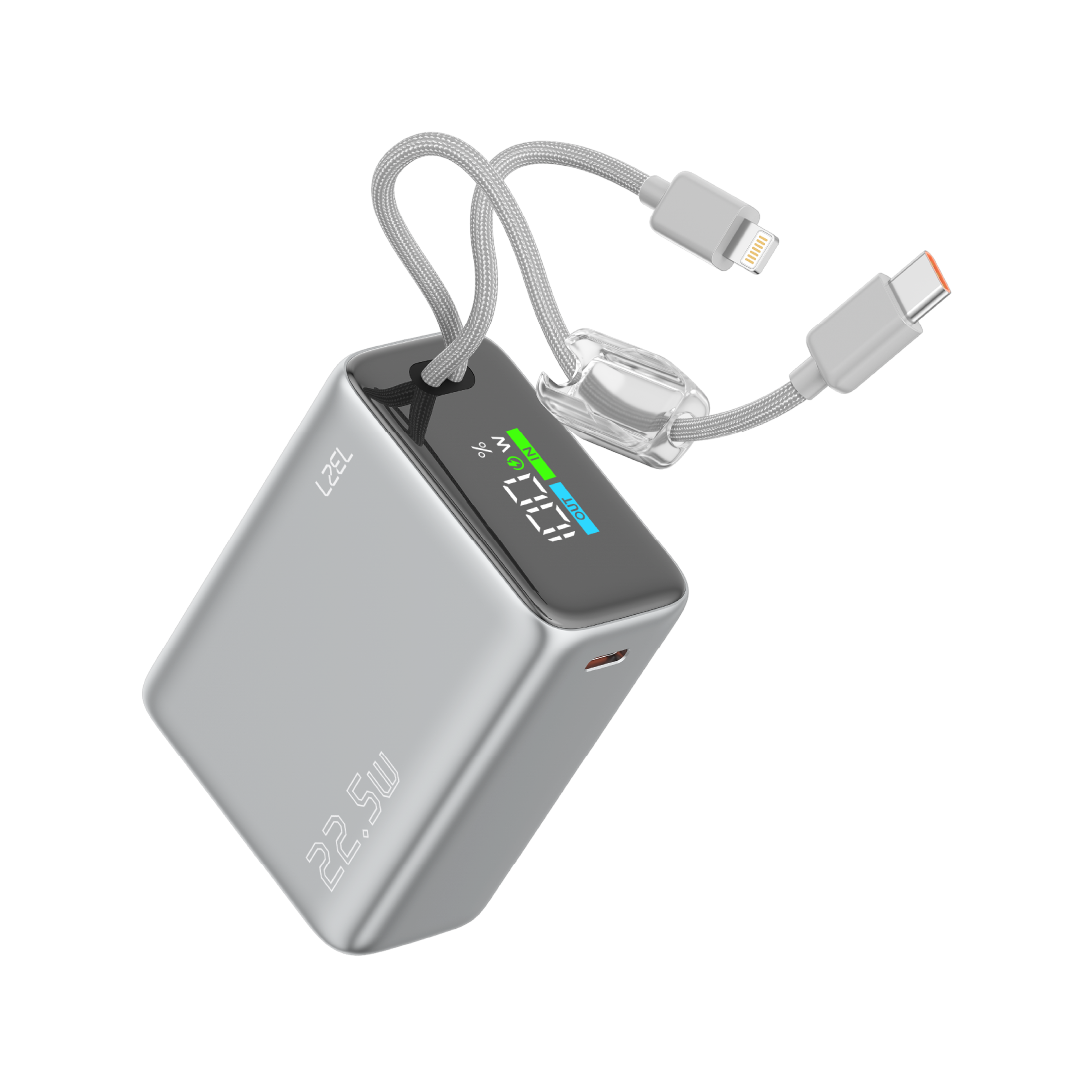 LZEL Neurovolt 15K Pd22.5W Mini Power Bank Pd3.0 & Qc3.0 | Usb-C Cable & Lightning Cable | Silver