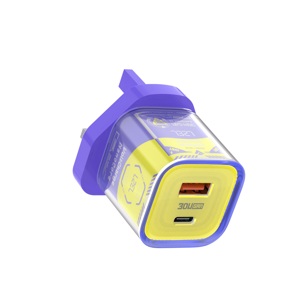 LZEL VoltCharge NanoCore – 30W GaN Transparent Wall Charger | Purple/Yellow