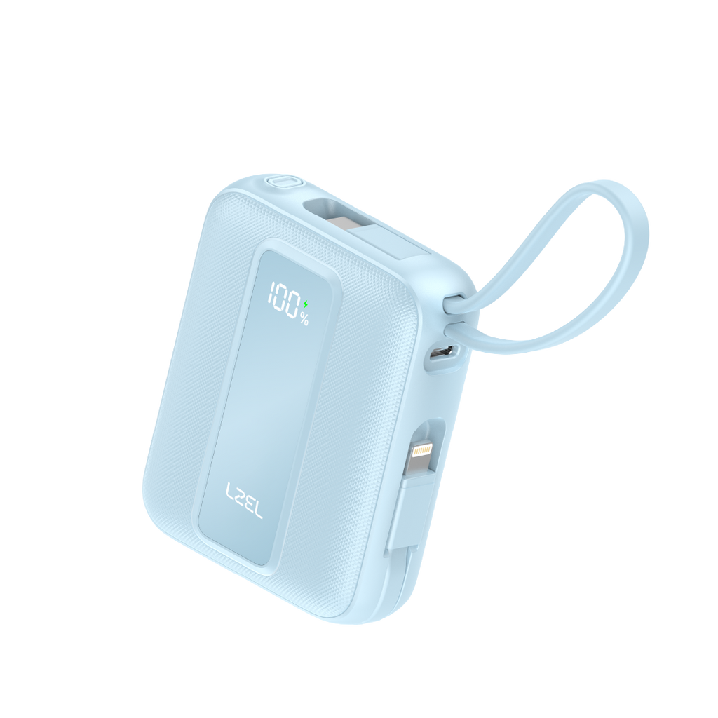 LZEL AMPNEO1O Mini 10000mAh PD Power Bank 30W | Built-in Type-C & Lightning Cable | Type-C Input/Output | Blue